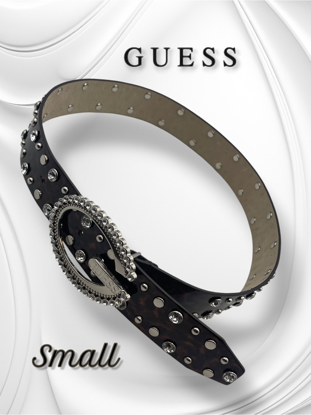 GUESS Tortoise Shell Y2K Studded Rhinestone Belt Size Small Dark Brown and Black